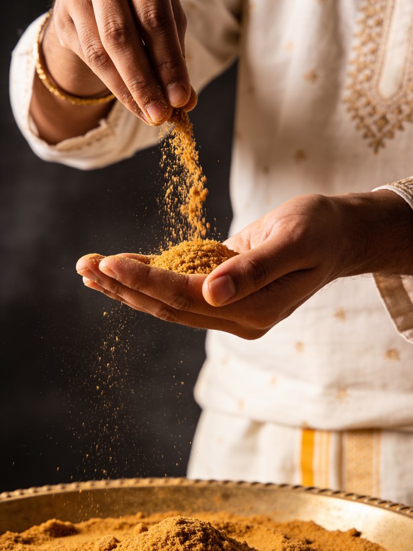 Artisan pouring fine golden jaggery powder