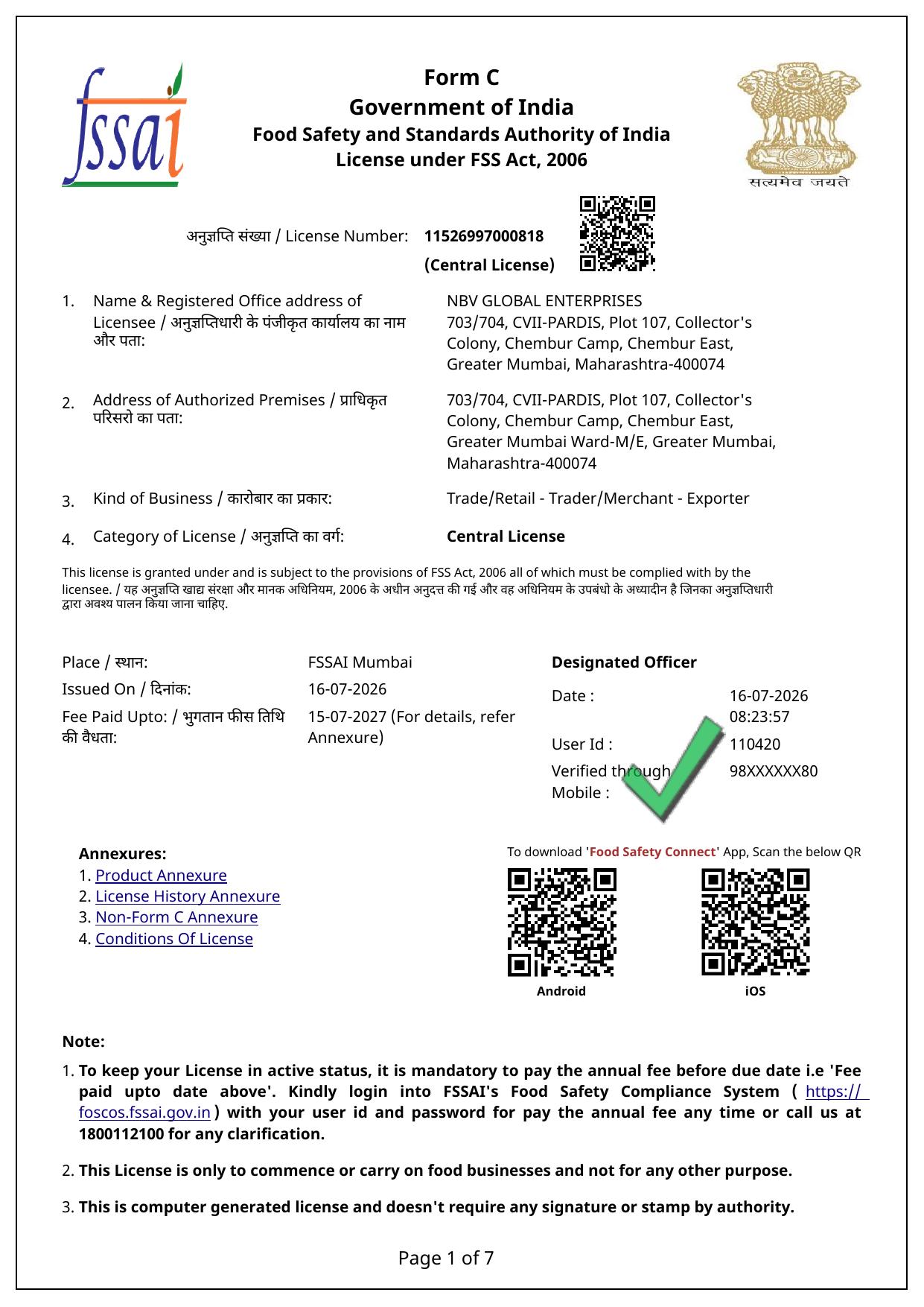 FSSAI Central License